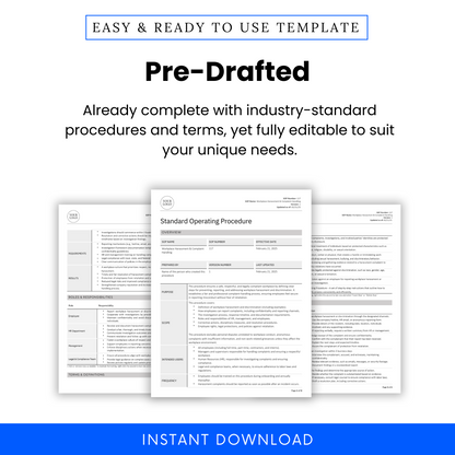 Workplace Harassment & Complaint Handling SOP template promotional graphic. Showcases a pre-written, industry-standard document with structured procedures and terms. The image includes a document preview highlighting key sections such as roles and responsibilities, terms and definitions, and procedure steps. The design emphasizes full editability to suit business needs. A purple 'Instant Download' banner at the bottom indicates immediate access upon purchase.