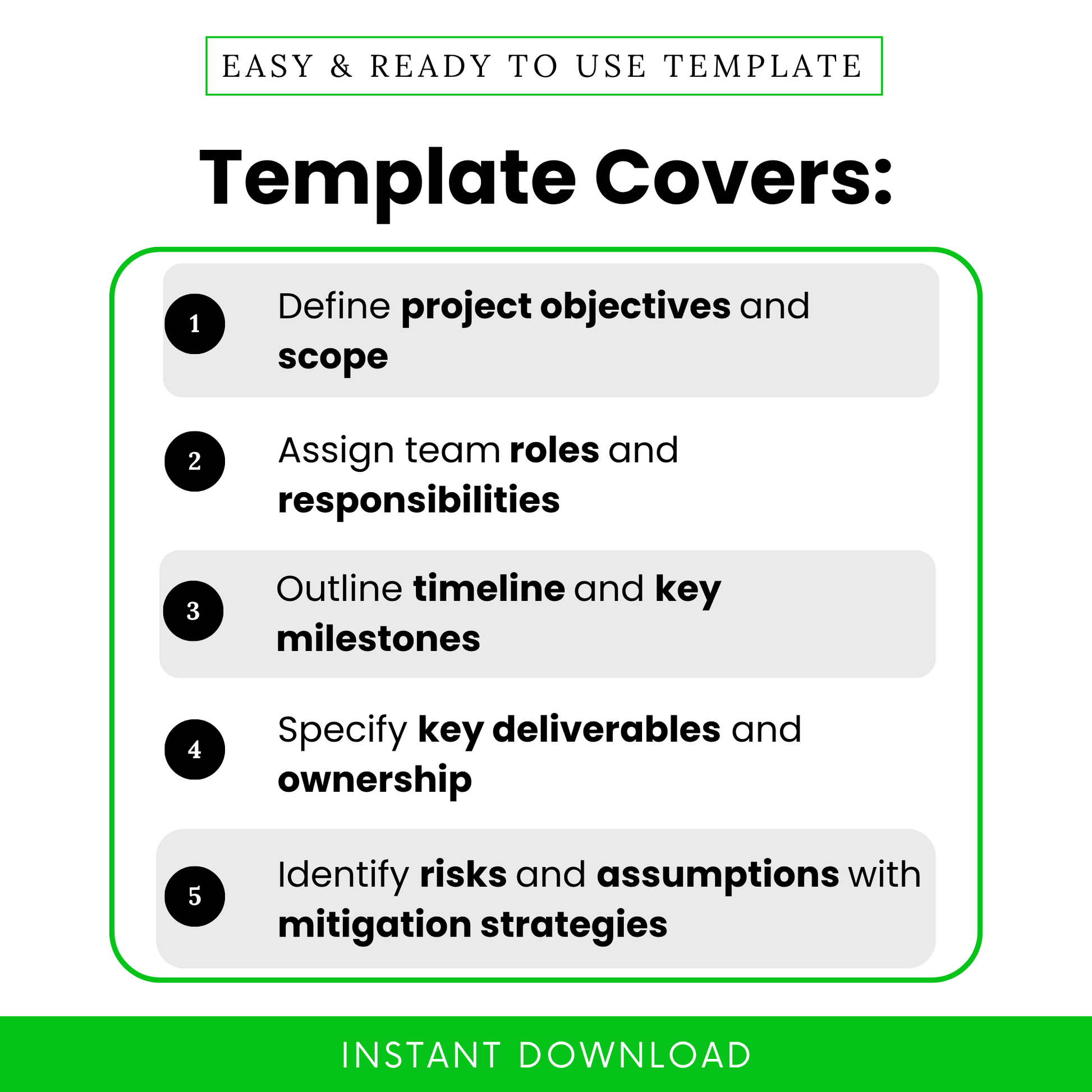 Project plan template features list showing objectives, roles and responsibilities, timeline milestones, deliverables, risks and assumptions, clean modern layout