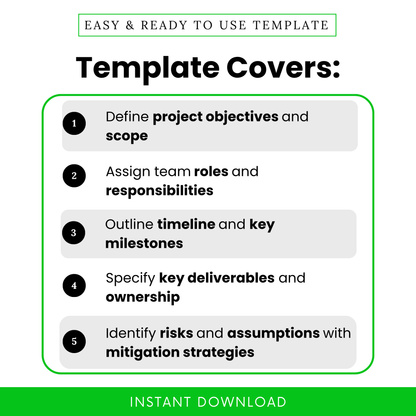 Project plan template features list showing objectives, roles and responsibilities, timeline milestones, deliverables, risks and assumptions, clean modern layout