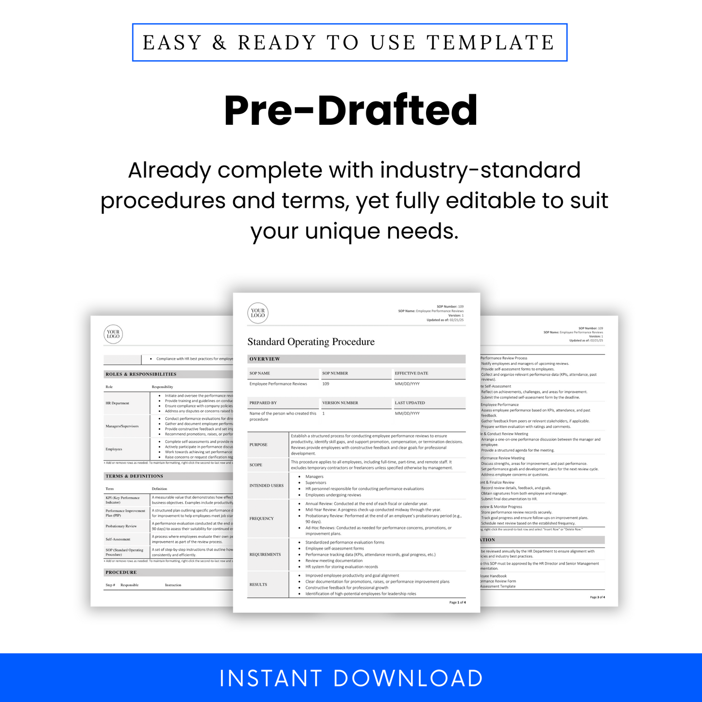 Image showcasing the completed SOP pages with a focus on standardized review language and editable fields for HR teams
