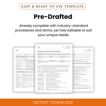 Data Backup and Recovery SOP template promotional graphic. Showcases a pre-written, industry-standard document with structured procedures and terms. The image includes a document preview highlighting key sections such as roles and responsibilities, terms and definitions, and procedure steps. The design emphasizes full editability to suit business needs. A purple 'Instant Download' banner at the bottom indicates immediate access upon purchase.