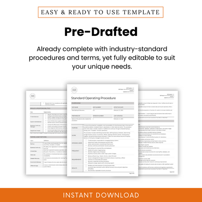 Data Backup and Recovery SOP template promotional graphic. Showcases a pre-written, industry-standard document with structured procedures and terms. The image includes a document preview highlighting key sections such as roles and responsibilities, terms and definitions, and procedure steps. The design emphasizes full editability to suit business needs. A purple 'Instant Download' banner at the bottom indicates immediate access upon purchase.