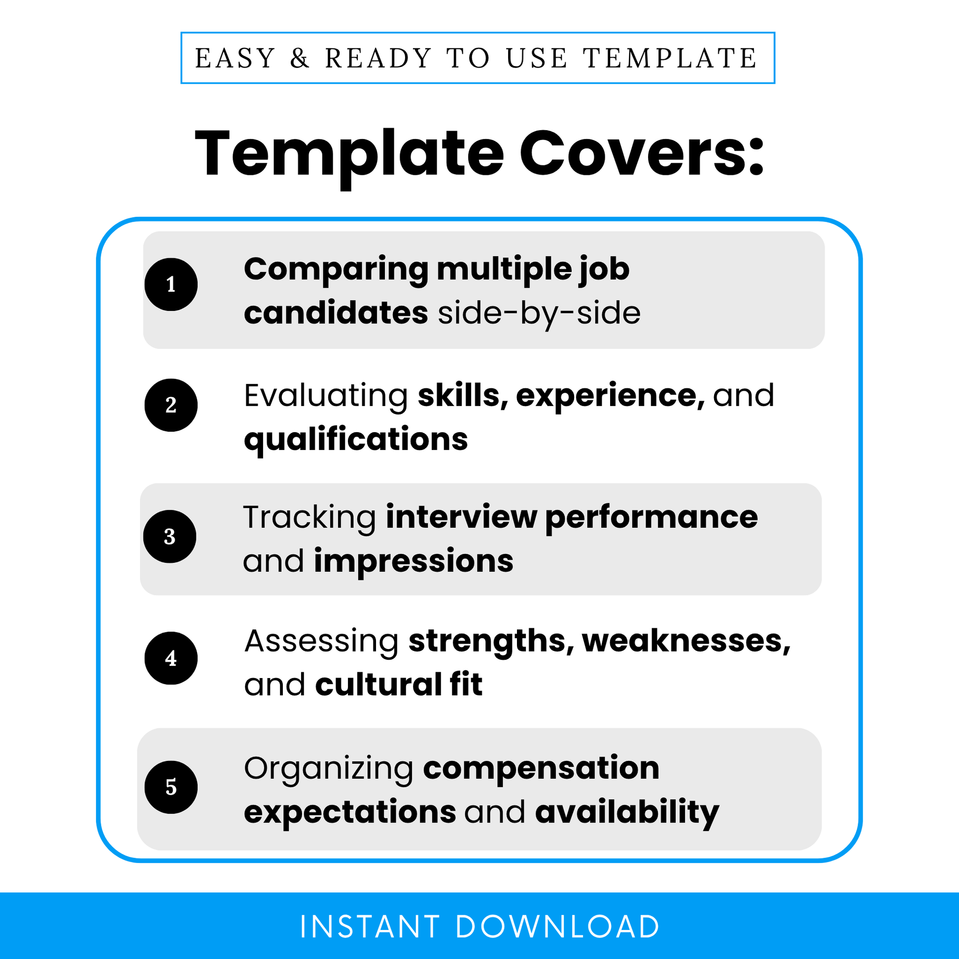 Simple Candidate Comparison Template showcasing key use cases such as comparing multiple candidates, evaluating skills, and tracking interview performance. This editable hiring template is perfect for recruiters and managers who need a structured Job Candidate Comparison Sheet Template PDF for organized decision-making.