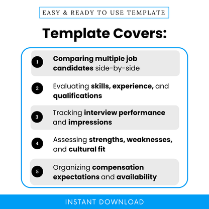 Simple Candidate Comparison Template showcasing key use cases such as comparing multiple candidates, evaluating skills, and tracking interview performance. This editable hiring template is perfect for recruiters and managers who need a structured Job Candidate Comparison Sheet Template PDF for organized decision-making.