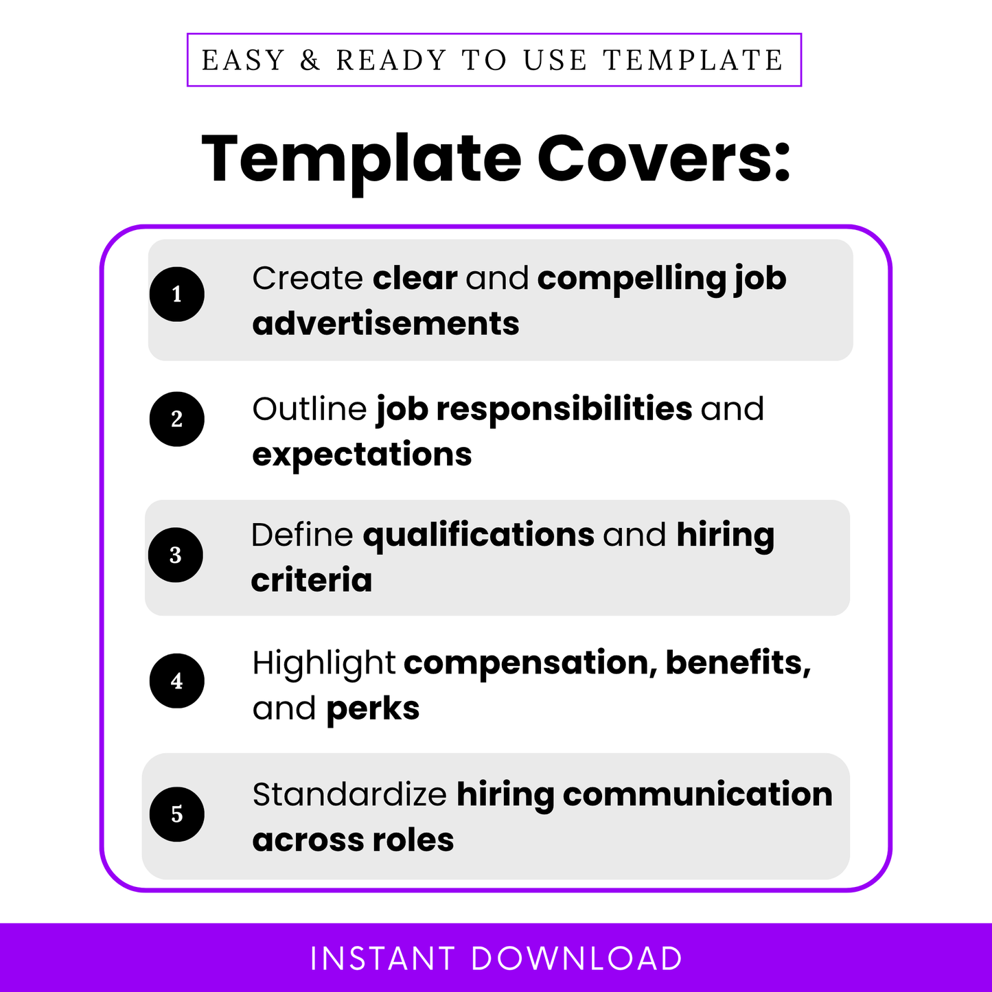 Job ad template features list showing job advertisement use cases, hiring process template benefits, HR job posting guide for small business and recruiters