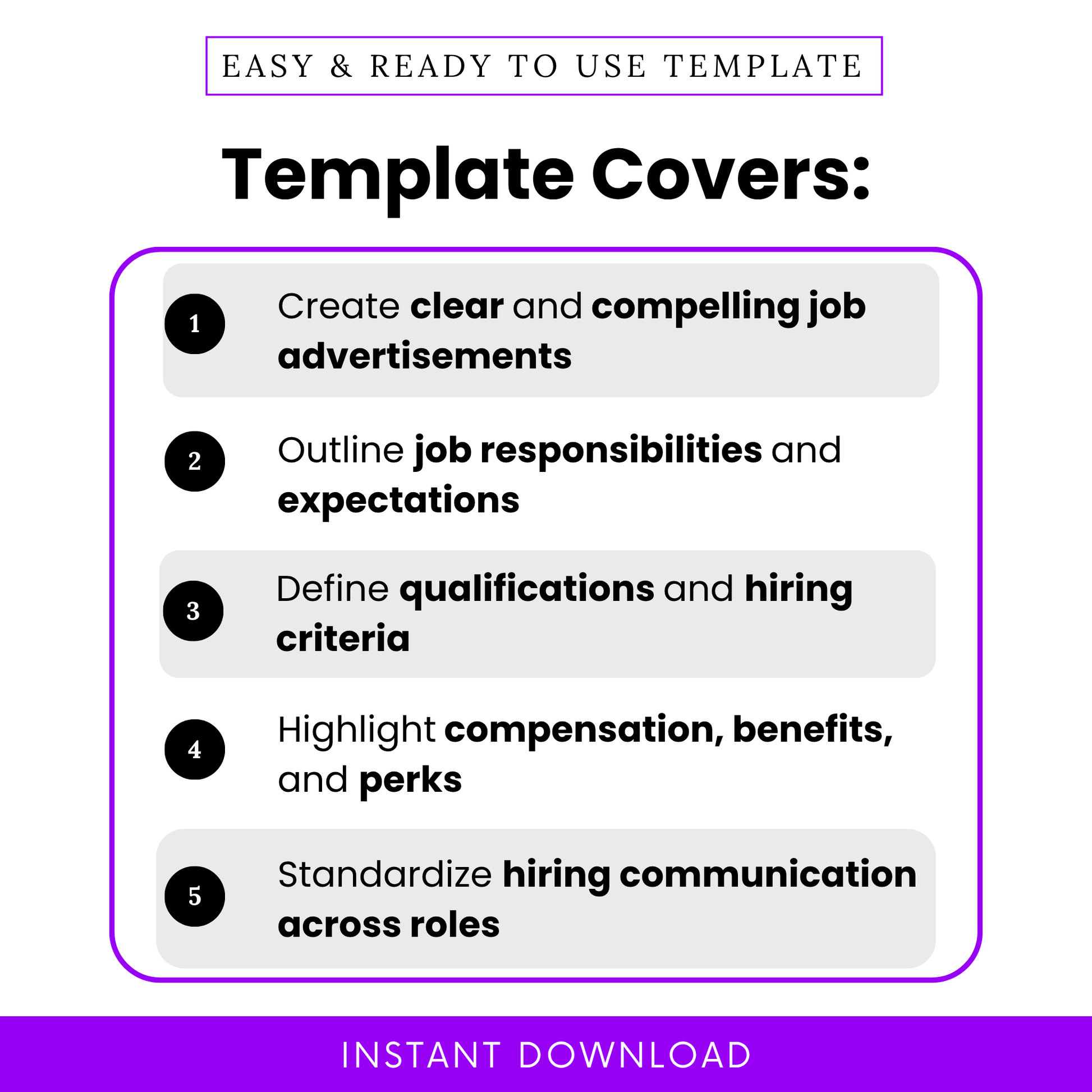 Job ad template features list showing job advertisement use cases, hiring process template benefits, HR job posting guide for small business and recruiters