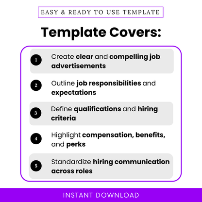 Job ad template features list showing job advertisement use cases, hiring process template benefits, HR job posting guide for small business and recruiters