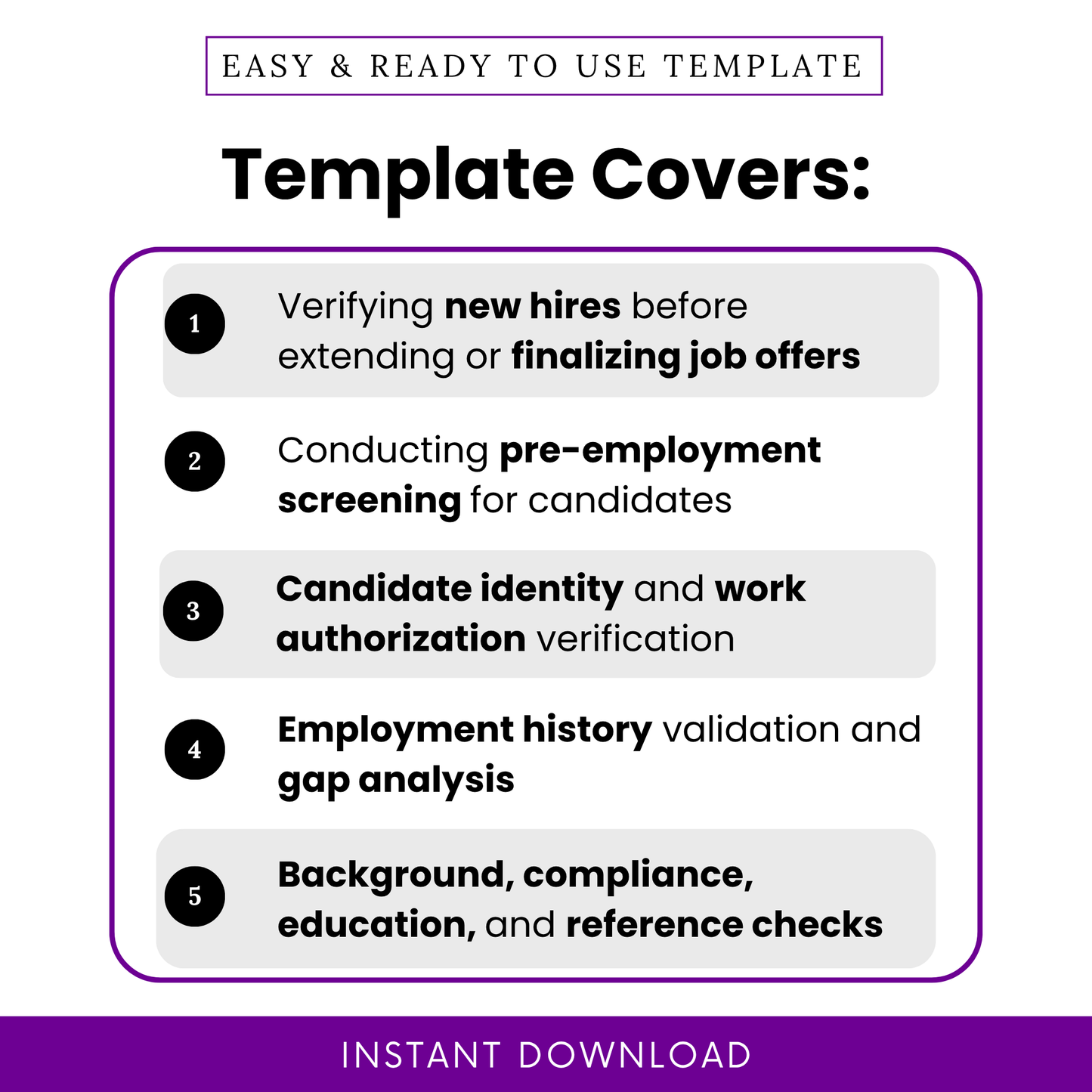 Simple Job Candidate Verification Checklist template highlighting key use cases like pre-employment screening, new hire verification, and background checks. This editable hiring checklist template helps HR professionals streamline candidate evaluation and ensure compliance.