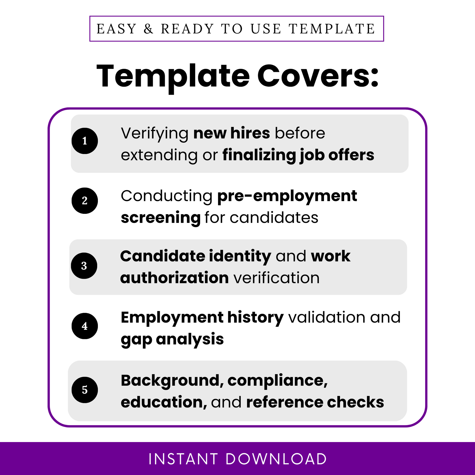 Simple Job Candidate Verification Checklist template highlighting key use cases like pre-employment screening, new hire verification, and background checks. This editable hiring checklist template helps HR professionals streamline candidate evaluation and ensure compliance.