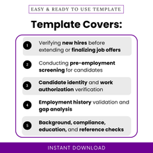 Simple Job Candidate Verification Checklist template highlighting key use cases like pre-employment screening, new hire verification, and background checks. This editable hiring checklist template helps HR professionals streamline candidate evaluation and ensure compliance.