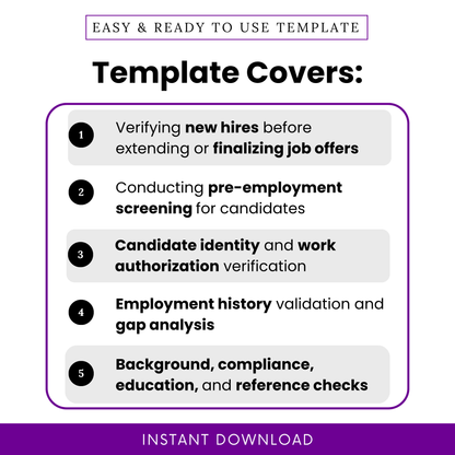 Simple Job Candidate Verification Checklist template highlighting key use cases like pre-employment screening, new hire verification, and background checks. This editable hiring checklist template helps HR professionals streamline candidate evaluation and ensure compliance.