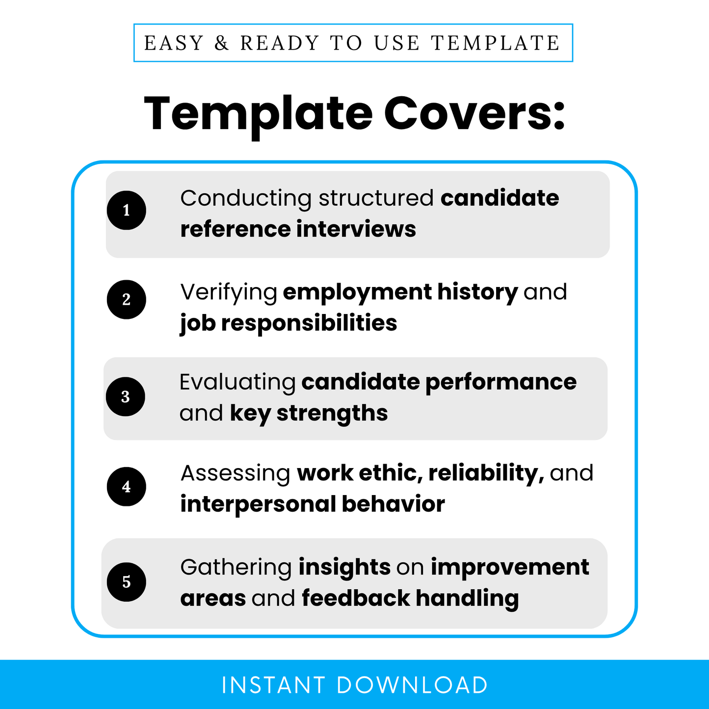 Reference check template features infographic showing candidate interview process, employment verification, performance evaluation, work ethic assessment, HR hiring checklist visual