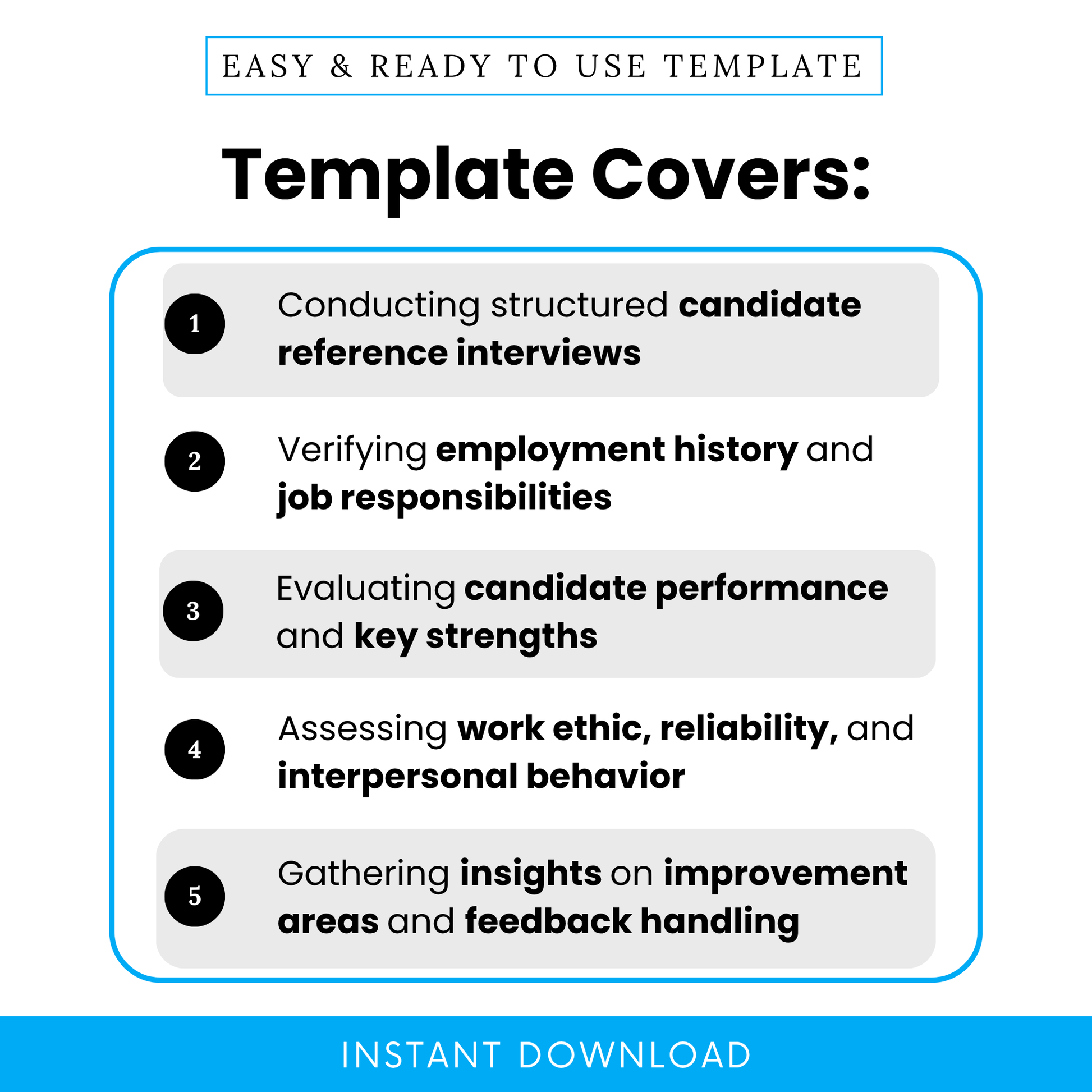 Reference check template features infographic showing candidate interview process, employment verification, performance evaluation, work ethic assessment, HR hiring checklist visual
