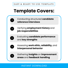 Reference check template features infographic showing candidate interview process, employment verification, performance evaluation, work ethic assessment, HR hiring checklist visual