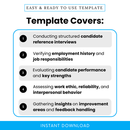 Reference check template features infographic showing candidate interview process, employment verification, performance evaluation, work ethic assessment, HR hiring checklist visual