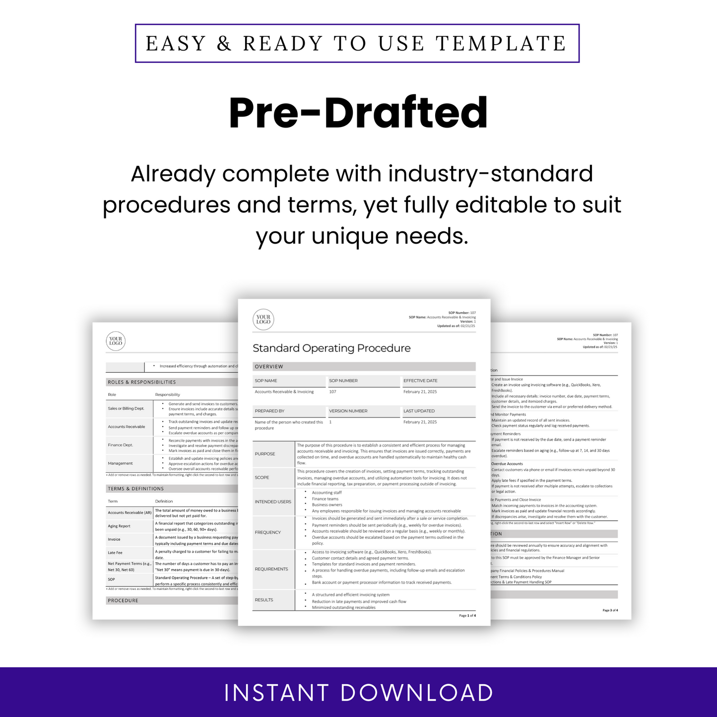 Accounts Receivable & Invoicing SOP Template (Word & PDF) – Simple Standard Operating Procedure Template