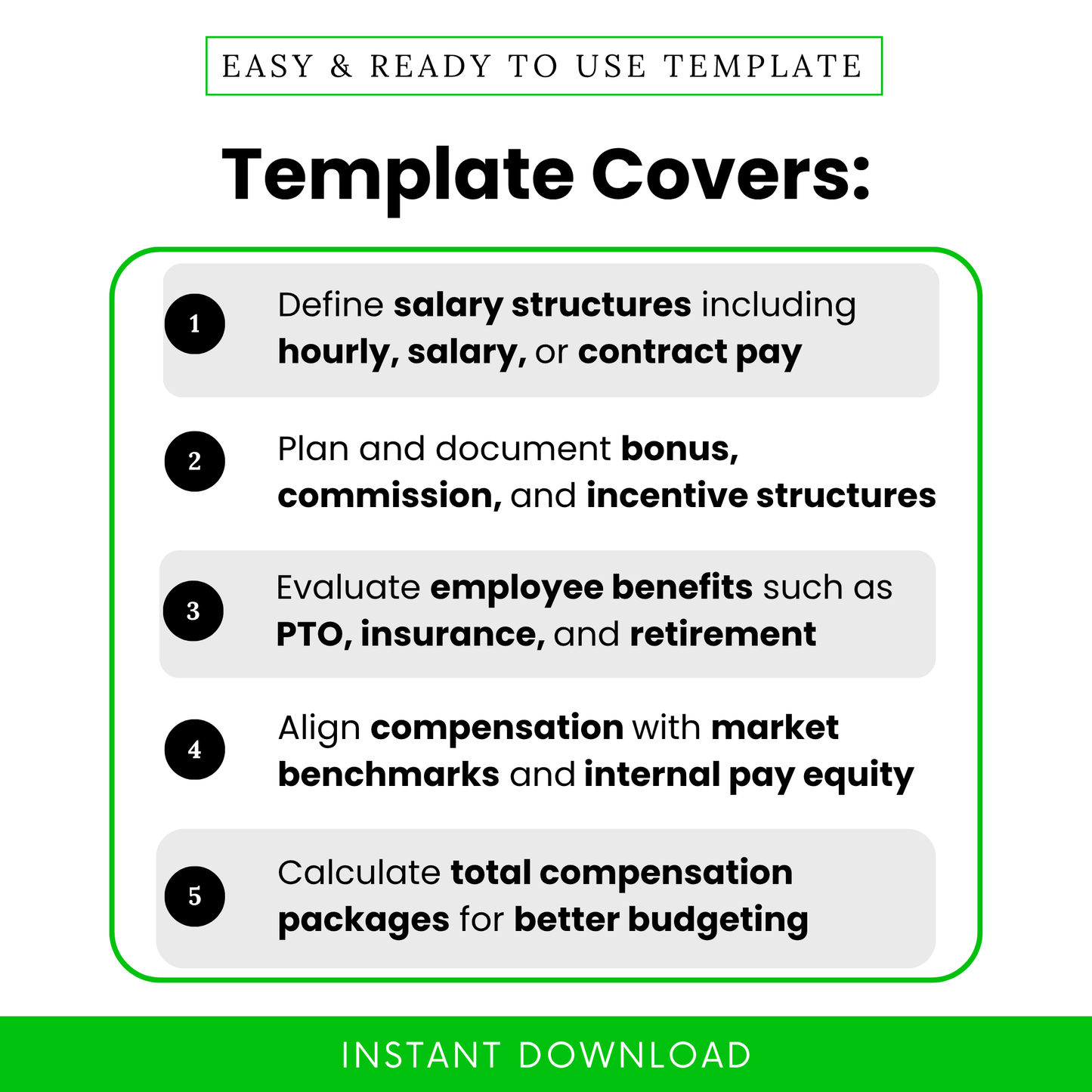 Compensation planning template features infographic showing salary structure, bonus planning, employee benefits, and compensation benchmarking, HR worksheet overview, clean modern layout