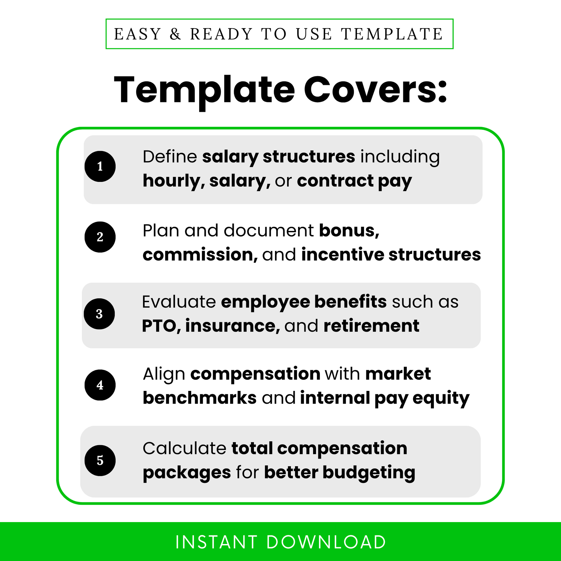 Compensation planning template features infographic showing salary structure, bonus planning, employee benefits, and compensation benchmarking, HR worksheet overview, clean modern layout