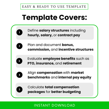 Compensation planning template features infographic showing salary structure, bonus planning, employee benefits, and compensation benchmarking, HR worksheet overview, clean modern layout