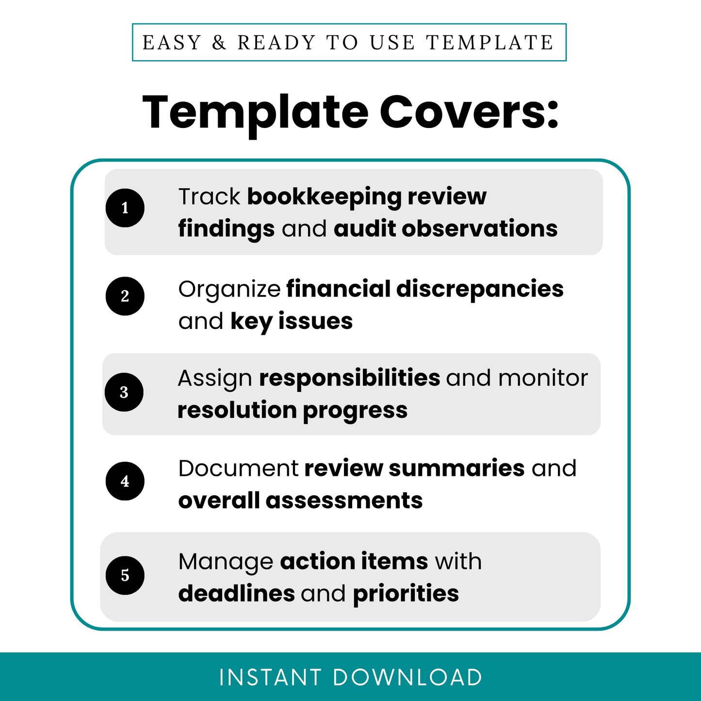 Bookkeeping review template features including tracking audit findings, organizing financial discrepancies, assigning responsibilities, managing action items, and documenting financial review summaries