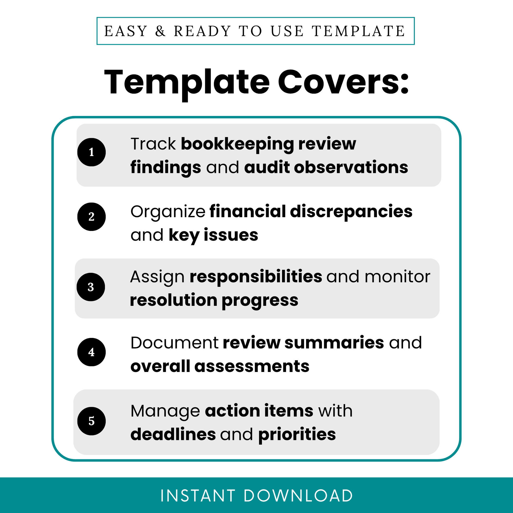 Bookkeeping review template features including tracking audit findings, organizing financial discrepancies, assigning responsibilities, managing action items, and documenting financial review summaries