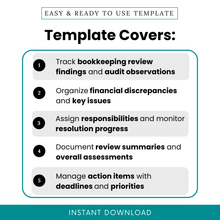 Bookkeeping review template features including tracking audit findings, organizing financial discrepancies, assigning responsibilities, managing action items, and documenting financial review summaries