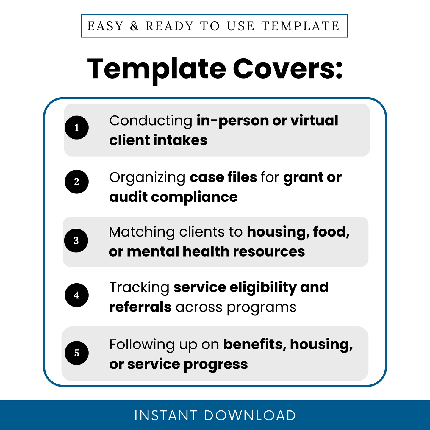 Nonprofit intake template features including client onboarding, case file organization, service referrals tracking, eligibility screening, and follow-up management for nonprofit organizations