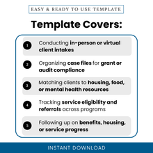 Nonprofit intake template features including client onboarding, case file organization, service referrals tracking, eligibility screening, and follow-up management for nonprofit organizations