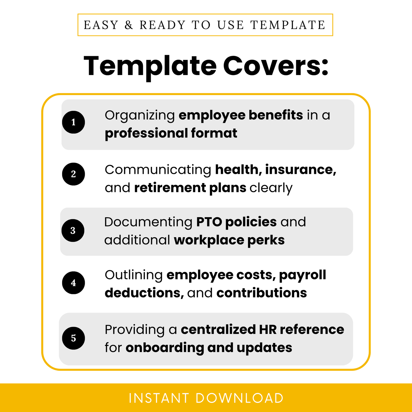 Employee benefits template features overview showing organized HR benefits format, insurance and retirement planning sections, PTO tracking, payroll deductions, and centralized onboarding reference