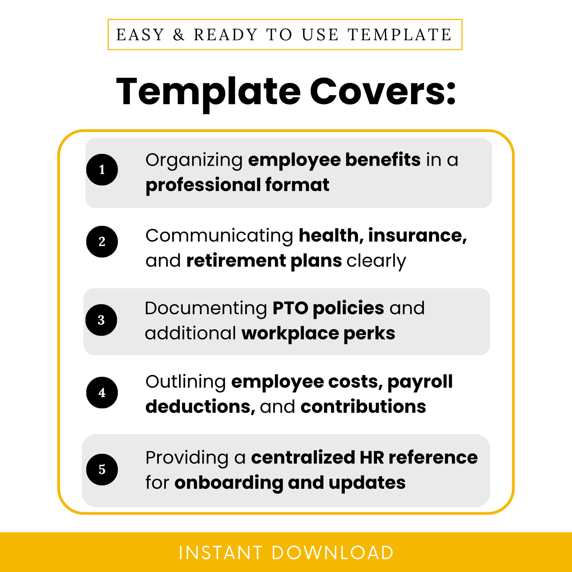 Employee benefits template features overview showing organized HR benefits format, insurance and retirement planning sections, PTO tracking, payroll deductions, and centralized onboarding reference