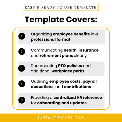 Employee benefits template features overview showing organized HR benefits format, insurance and retirement planning sections, PTO tracking, payroll deductions, and centralized onboarding reference