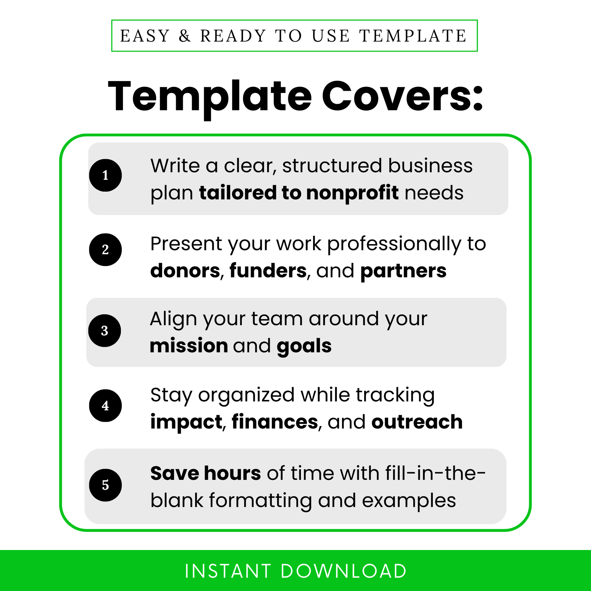 Nonprofit Business Plan Template covers image listing key benefits: write a clear structured plan, present professionally to funders, align your team, track impact and finances, and save time with fill-in-the-blank formatting.