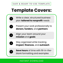 Nonprofit Business Plan Template covers image listing key benefits: write a clear structured plan, present professionally to funders, align your team, track impact and finances, and save time with fill-in-the-blank formatting.