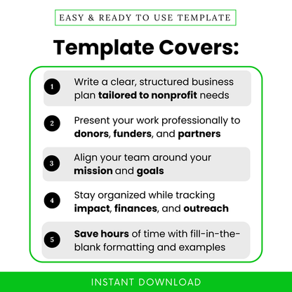 Nonprofit Business Plan Template covers image listing key benefits: write a clear structured plan, present professionally to funders, align your team, track impact and finances, and save time with fill-in-the-blank formatting.