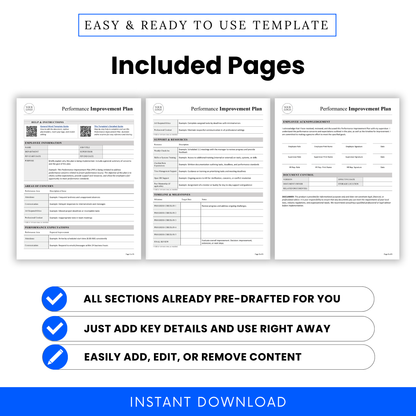 Performance Improvement Plan template listing image showing all included pages in the editable HR document bundle, including employee information, areas of concern, support resources, timeline milestones, and acknowledgment page for workplace performance management