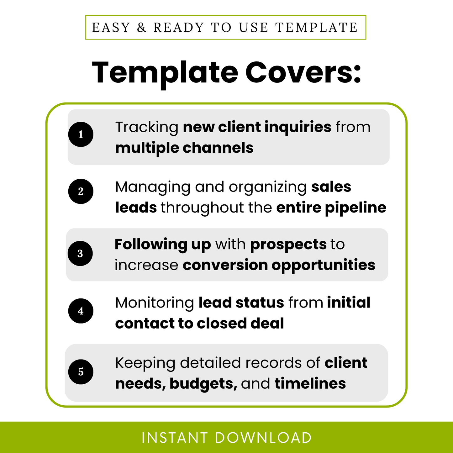 Simple Lead Tracker Template showcasing key use cases like tracking new client inquiries, managing sales leads, and improving follow-up processes. This Lead Tracker Template PDF is perfect for entrepreneurs and teams wanting a simple CRM system to increase conversions and stay organized.