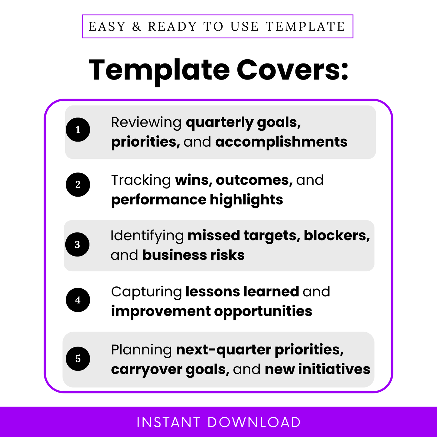 Quarterly review template features including goal tracking, performance highlights, missed targets analysis, lessons learned, and next quarter planning for teams and businesses