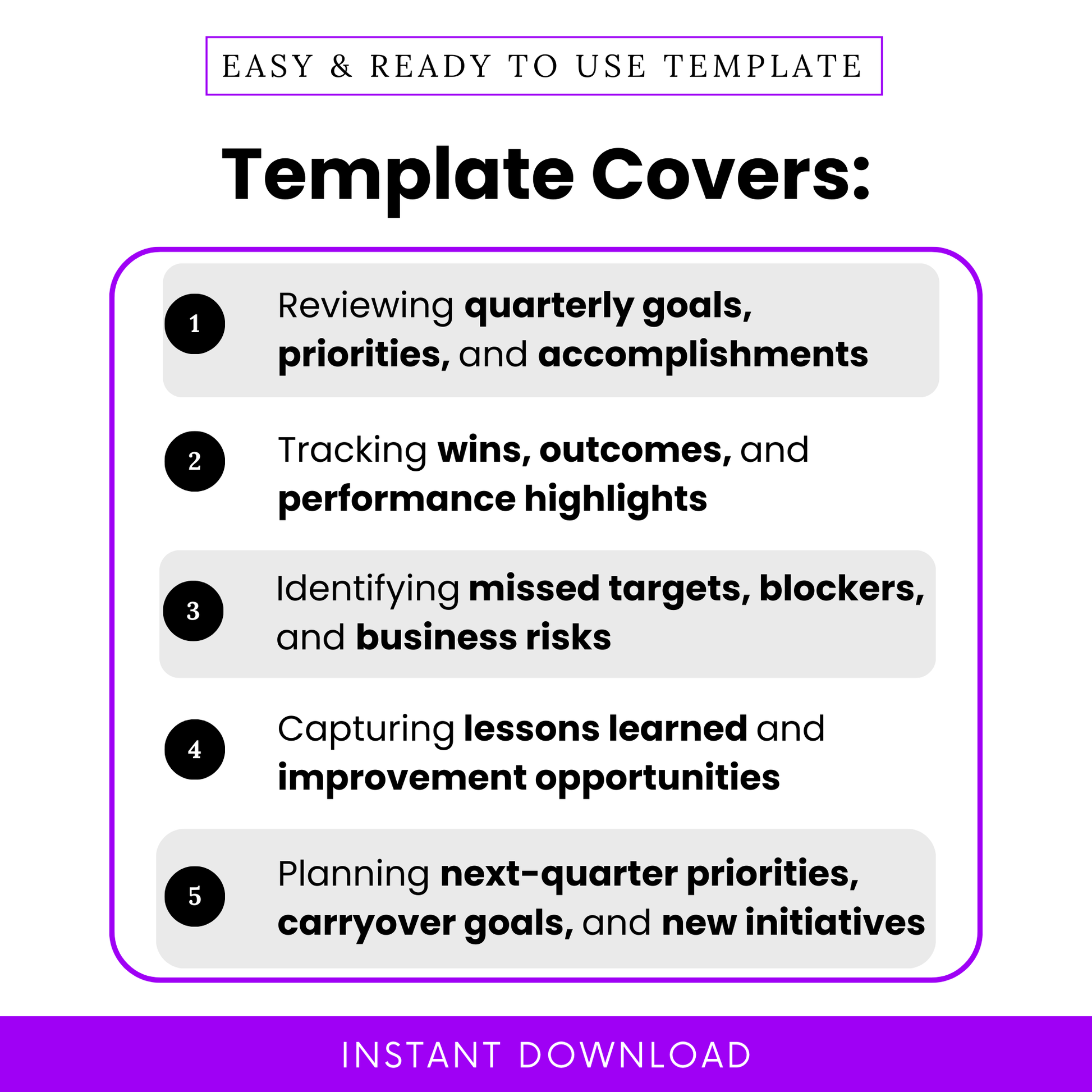 Quarterly review template features including goal tracking, performance highlights, missed targets analysis, lessons learned, and next quarter planning for teams and businesses
