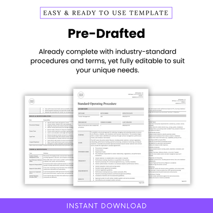 Display of three sample SOP pages emphasizing that the document is fully pre-written with editable procedures, terms, and roles for immediate use.