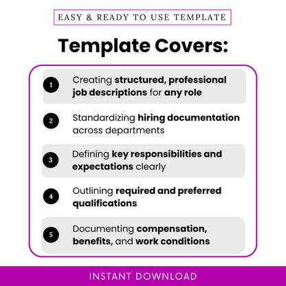 Job description template features overview showing structured hiring documentation, responsibilities, qualifications, compensation and work conditions, HR template for recruiters