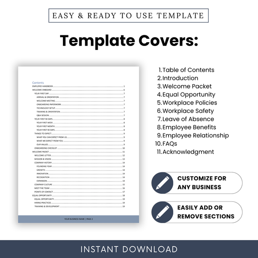 Employee handbook template Word table of contents page with structured sections including policies, benefits, onboarding, and HR guidelines, clean professional layout for businesses