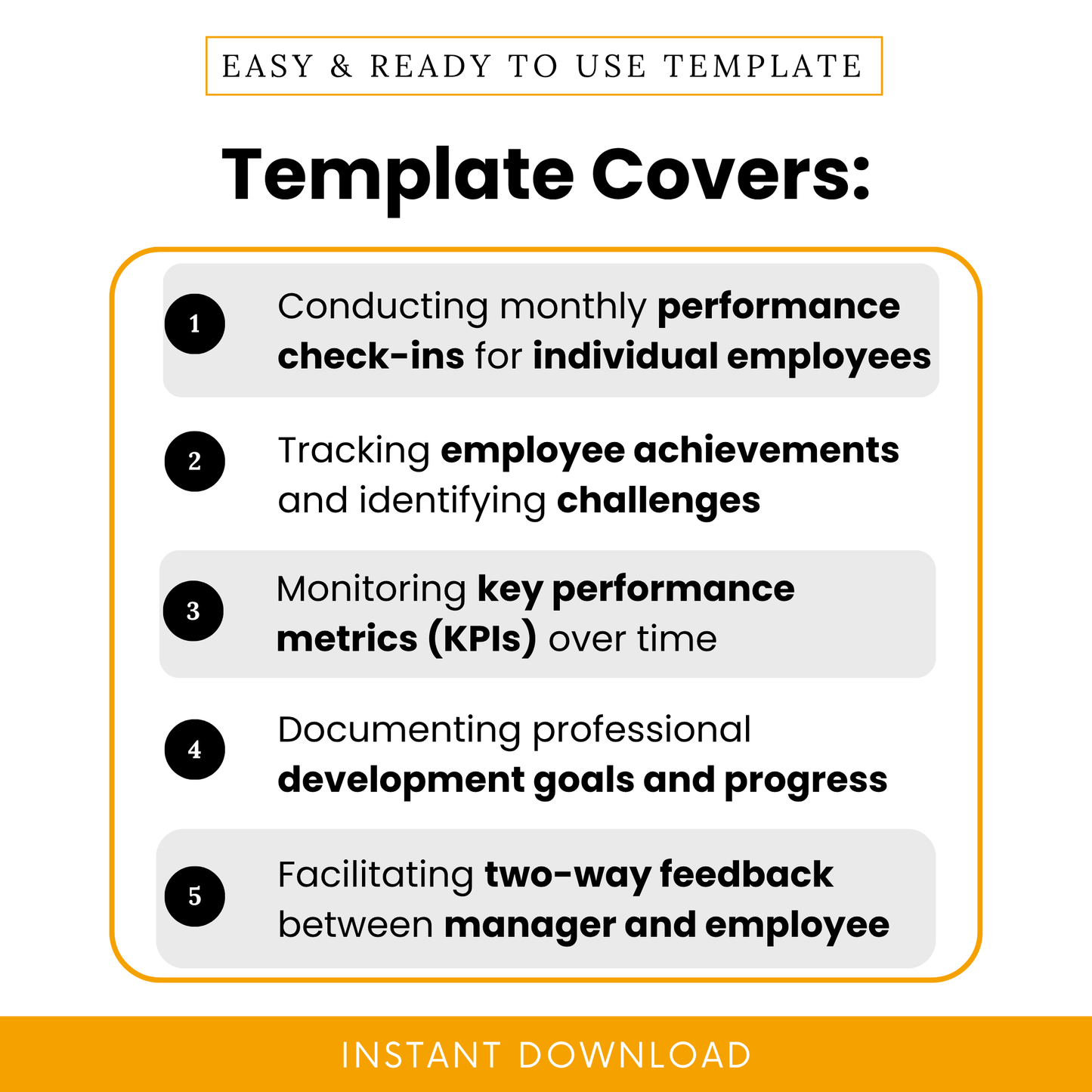 Employee performance review template showing key uses including monthly check-ins, tracking achievements, monitoring KPIs, and facilitating manager employee feedback
