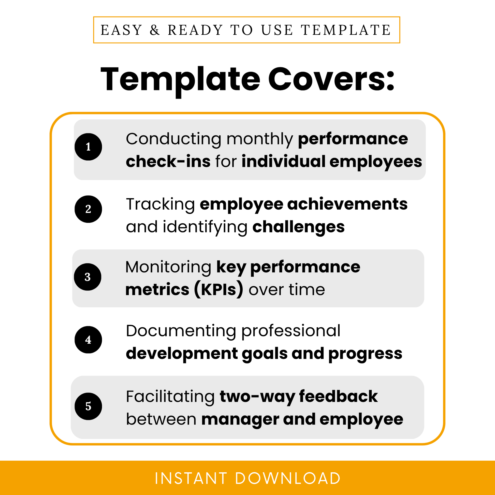 Employee performance review template showing key uses including monthly check-ins, tracking achievements, monitoring KPIs, and facilitating manager employee feedback