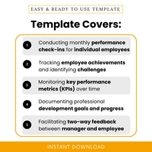 Employee performance review template showing key uses including monthly check-ins, tracking achievements, monitoring KPIs, and facilitating manager employee feedback