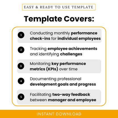 Employee performance review template showing key uses including monthly check-ins, tracking achievements, monitoring KPIs, and facilitating manager employee feedback