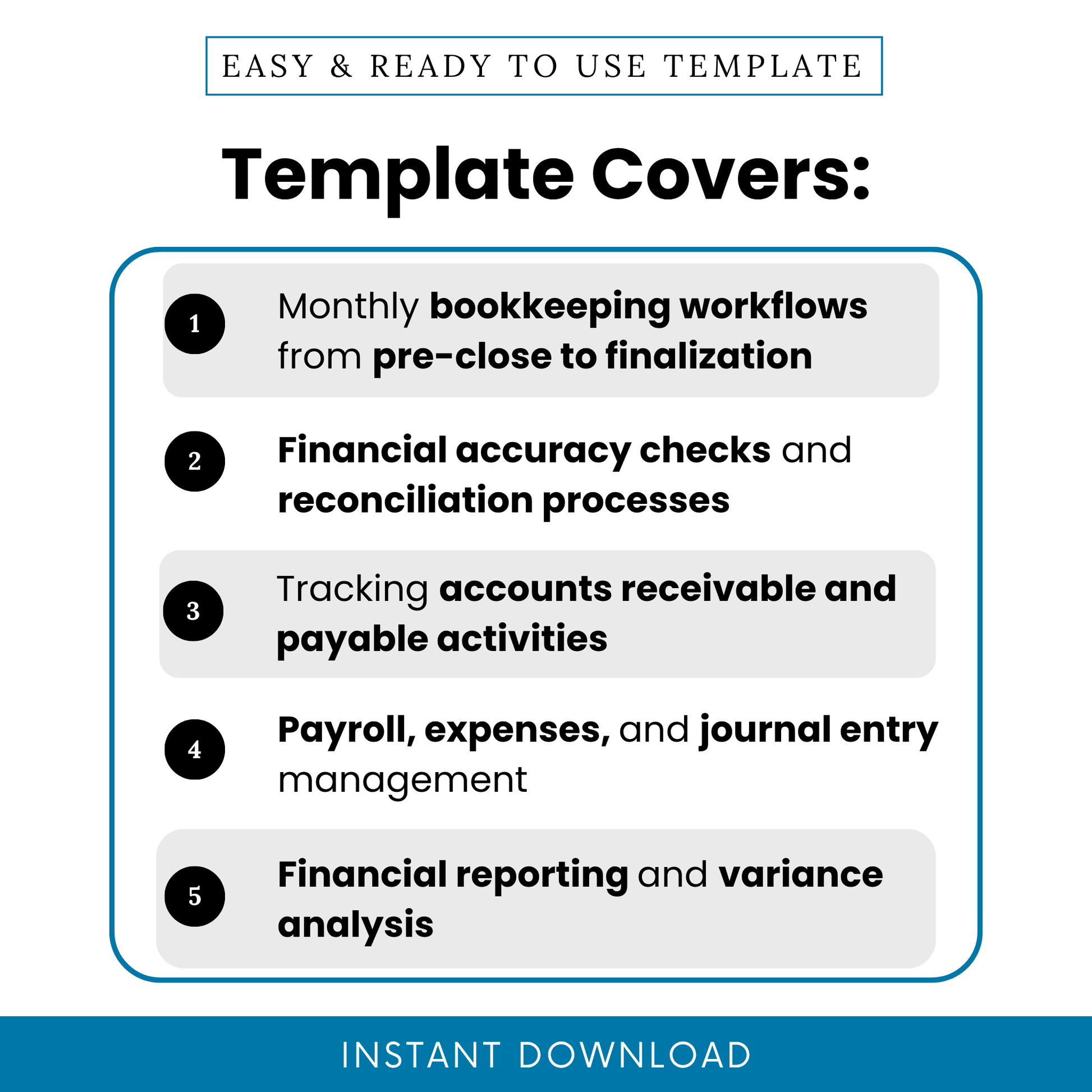 Bookkeeping checklist template features overview showing monthly workflow steps, financial accuracy checks, reconciliation processes, AR and AP tracking, accounting system tool