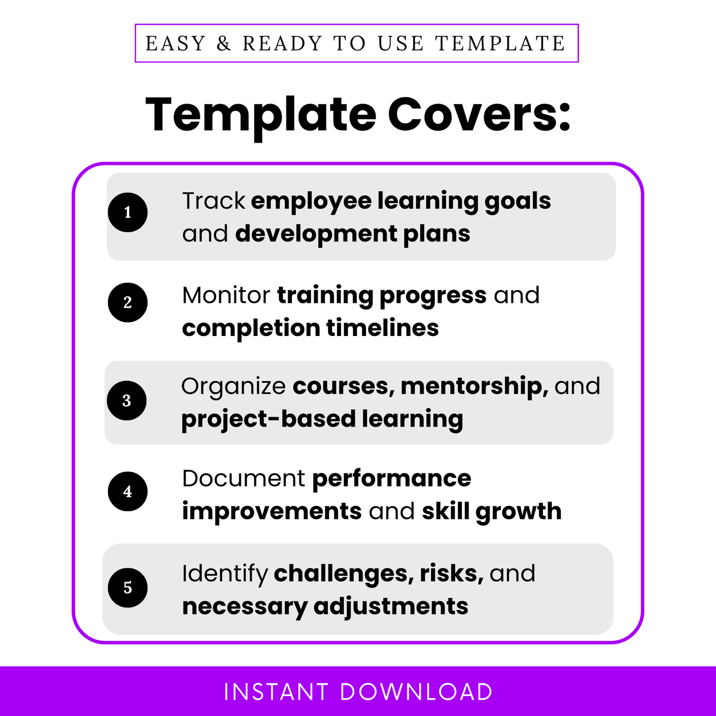 Clean infographic showing key features of the employee learning plan tracker, including tracking learning goals, monitoring training progress, organizing mentorship and projects, and documenting performance improvements