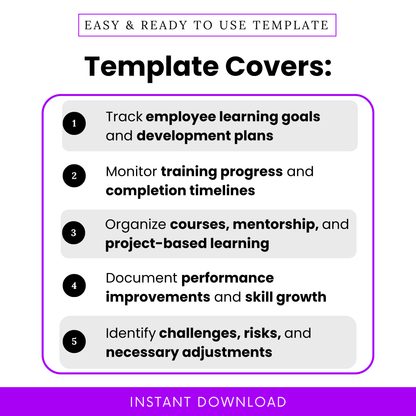 Clean infographic showing key features of the employee learning plan tracker, including tracking learning goals, monitoring training progress, organizing mentorship and projects, and documenting performance improvements