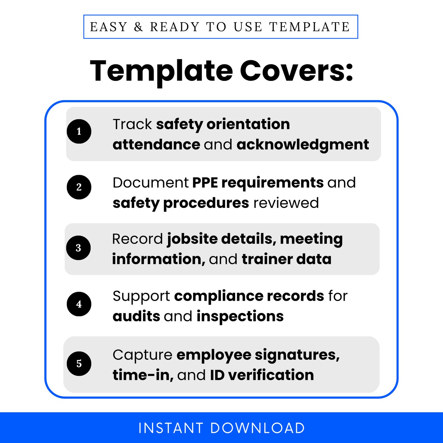 Construction safety template features graphic showing attendance tracking, PPE documentation, safety procedures, jobsite details, and compliance records checklist