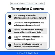 Construction safety template features graphic showing attendance tracking, PPE documentation, safety procedures, jobsite details, and compliance records checklist